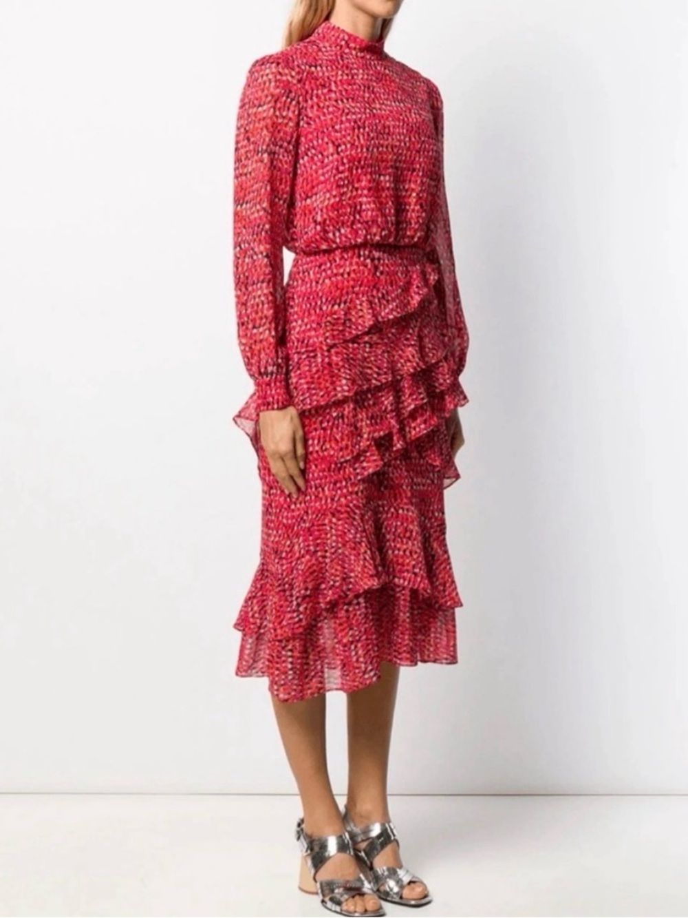 SALONI Red Printed Isa Ruffle Silk Midi Dress US 8/UK 12 MSRP $695 - Picture 2 of 16